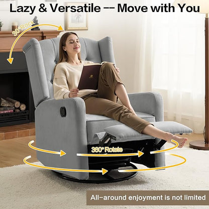 ABAKAN Swivel Rocker Recliner Chair, 360 Degree Nursery Rocking Recliner, Linen Glider Chair with Button Tufted Wingback Chair, for Living Room, Bedroom, Gray