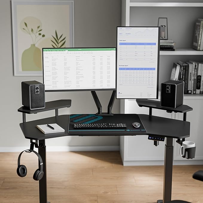 EUREKA ERGONOMIC Aero 55 Inch W Shaped Electric Standing Desk, Height Adjustable Computer Gaming Desk with LED Monitor Shelf, Mouse Pad, Headphone Hook, Cup Holder, Carbon Black