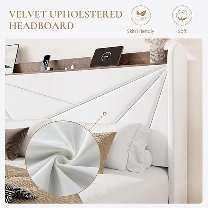 SHA CERLIN King Size Bed Frame with 3 Drawers, USB & Type-C Charging Ports, Velvet Upholstered Platform Bed with Modern Geometric Wingback Storage Headboard, No Box Spring Needed, Easy Assembly, White