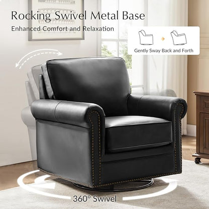 HULALA HOME Swivel Accent Chair Genuine Leather Barrel Rocker Chair with Metal Base Transitional Armchair Padded Round Armrest Set of 2, Black