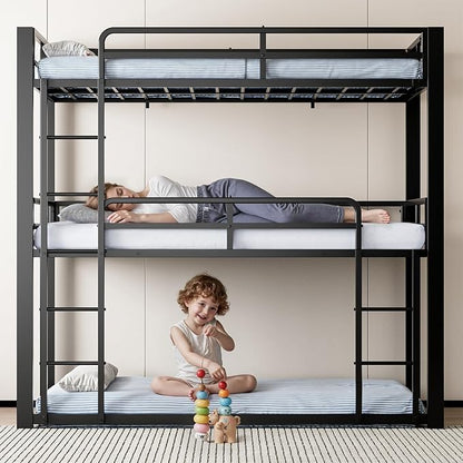 Metal Triple Bunk Bed, Twin Over Twin Over Twin Heavy Duty Bunkbeds, Full-Length Guardrail Family-Friendly for All Ages, Bedroom, No Box Spring Needed, Easy Assembly, Black