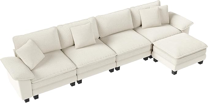157-Inch L Shaped Sectional Sofa with Cloud Cushions, Deep Seat Modular Couch Set w/ 5 Seats & 1 Ottomans, Plush Chenille & Corduroy Upholstery for Living Room, Apartment - Beige