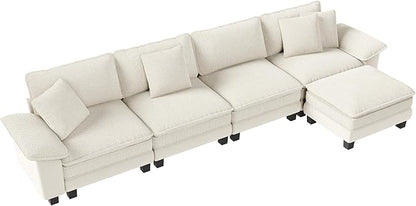157-Inch L Shaped Sectional Sofa with Cloud Cushions, Deep Seat Modular Couch Set w/ 5 Seats & 1 Ottomans, Plush Chenille & Corduroy Upholstery for Living Room, Apartment - Beige