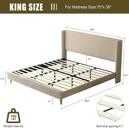 PINJU King Size Bed Frame, Upholstered Platform Bed with Modern Vertical Striped Wingback Headboard with Wooden Slats, Easy to Assemble No Noise Free (Beige, King (U.S. Standard))