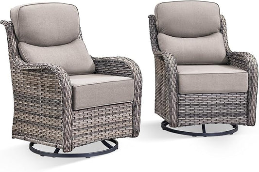 HUMMUH Outdoor Patio Wicker Swivel Rocker Chairs Set of 2 with 6-Inch Thick Cushion High Back Wicker Conversation Set for Porch Balcony Deck