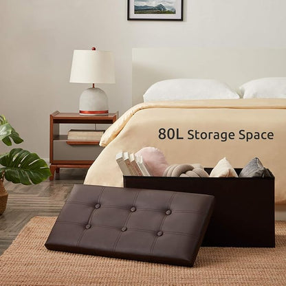 YOUDENOVA 30 inches Folding Storage Ottoman, 85L Storage Ottoman Bench for Living Bedroom and Hallway, Faux Leather Brown Footrest with Foam Padded Seat, Brown