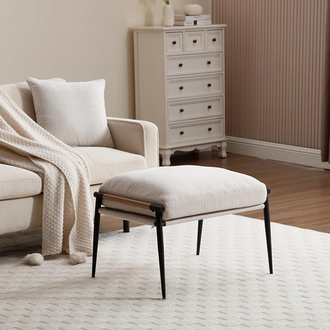 HEAH-YO Modern Footstool Ottoman Set of 1, Upholstered Chenille Fabric Footrest Ottoman with Metal Legs, Small Footrest Extra Seating for Living Room Entryway, Beige