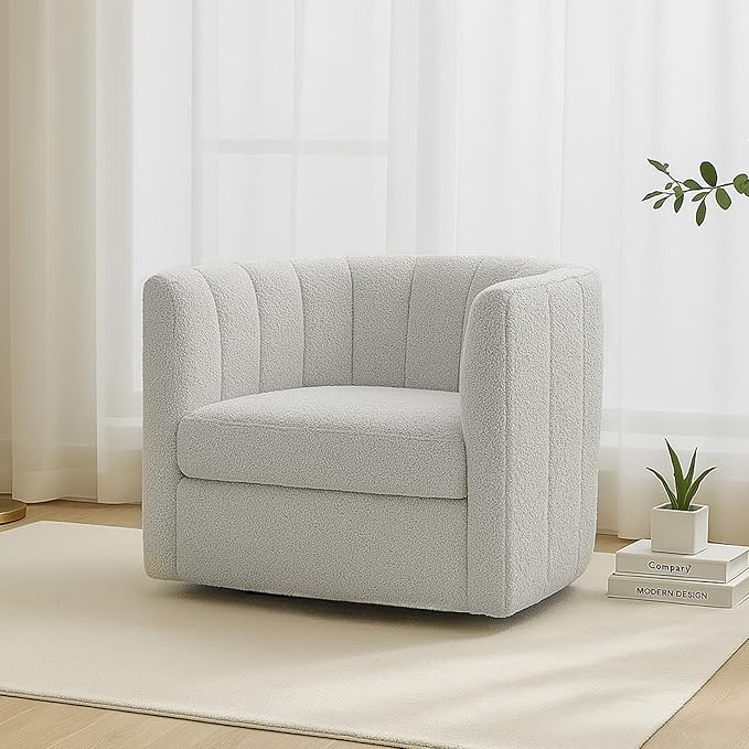 CHERS Rivet Mid-Century Modern Swivel Armchair, Bouclé Fabric Channel-Tufted Accent Chair, 360-Degree Rotating Lounge Chair with Ergonomic Design for Living Room, Bedroom, Home Theater, Light Gray
