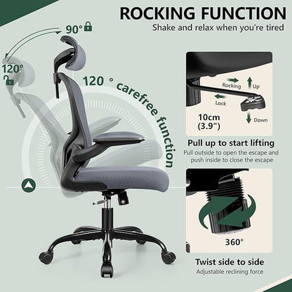 FelixKing Office Desk Chairs, Ergonomic PC Desk Chair with Wheels, Adjustable Lumbar Support and Height, Swivel Computer Chair with Flip-up Armrests, Ergo Mesh Backrest for Working (Dark Gray)