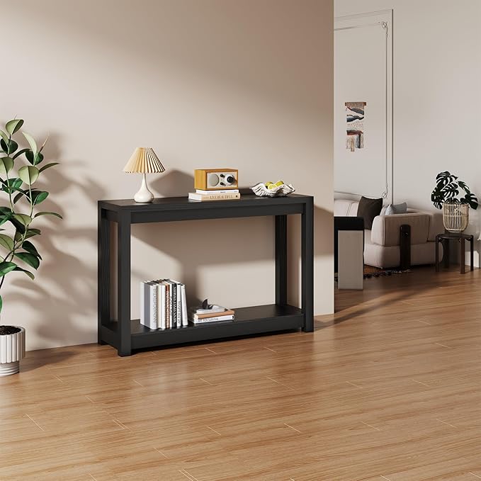 47" Entryway Table, Long Narrow Console Table with Shelves, Farmhouse Wood Sofa Table Behind Couch, Rustic Entry Table for Hallway, Living Room or Foyer, Black