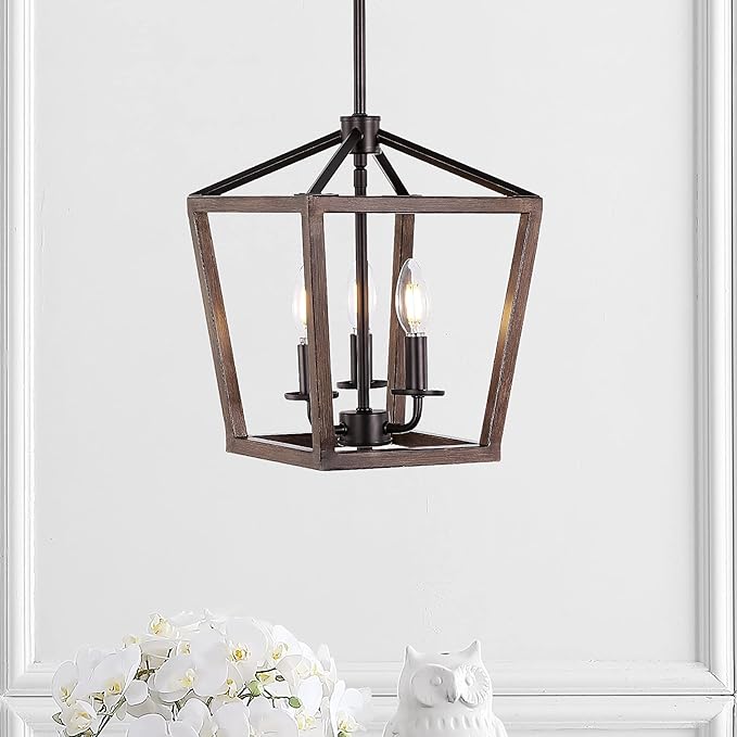 JONATHAN Y JYL1321A Pagoda 10" 3-Light Iron Farmhouse Industrial Lantern LED Pendant, Rustic, Bohemian, Coastal, for Dining Room, Kitchen, Living Room, Oil Rubbed Bronze/Faux Wood