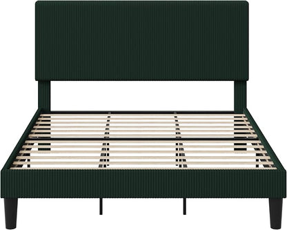 Allewie King Size Upholstered Bed Frame with Vertical Channel Tufted Headboard, Soft Corduroy Fabric Platform Bed, Strong Wooden Slats Support, Easy Assembly, No Box Spring Needed, Dark Green