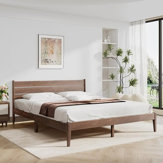 Queen Size Bed Frame, Malaysian Oak Bed Frame with Ladder Headboard, Solid Wood Bed Frames with Elevated Bed Legs, No Box Spring Needed, Noise-Free, Queen Size, Antique Espresso