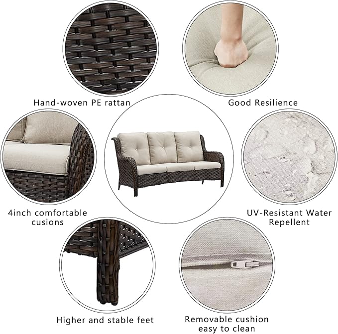 HUMMUH 7pcs Patio Furniture Set Swivel Rocker Patio Chairs,PE Wicker Outdoor Sofa Set of 2 with Coffee Table and Ottomans(Brown,Beige)