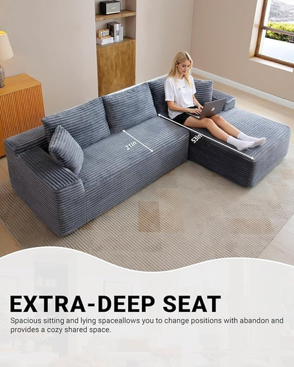 108 Inch Cloud Sectional Couch,Modern Modular Sectional Sofa with Deep Seat,Corduroy Boneless Couches with L-Shape Chaise for Living Room,No Assembly Required (Grey, Right Facing Chaise)