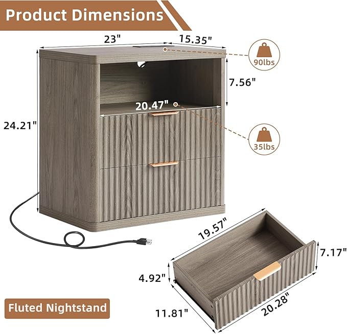 LEYAOYAO Fluted Farmhouse Nightstand Set of 2 with Charging Station, 23" Wide 2 Drawers End Table,Grey Dresser for Bedroom,Bed Side Table Chest of Drawers Cabinet,Wood Night Stand for Living Room