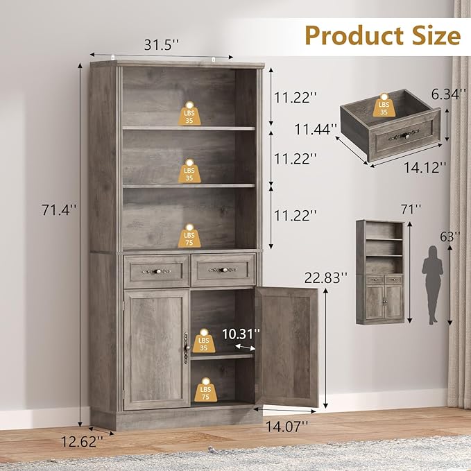 72'' Tall Bookcase with Doors and Drawers, Adjustable Shelves, P2 MDF Construction, 32'' Wide Freestanding Cabinet with Metal Handles, Hidden Storage for Living Room, Bedroom, Grey