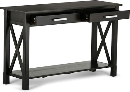 SIMPLIHOME Kitchener Console Table - 47 Inch Wide Solid Wood Sofa Table in Hickory Brown, Contemporary Storage Table for Entryway or Living Room with 2 Drawers, Bottom Shelf, and X-Design Side Panels