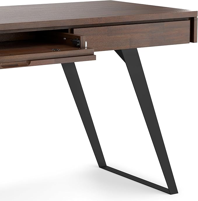 SIMPLIHOME Lowry Large Desk - 72-Inch Wide Solid Acacia Wood and Metal Writing Desk in Distressed Charcoal Brown, Modern Industrial Home Office Table with 2 Deep Drawers and Flip-Down Keyboard Tray