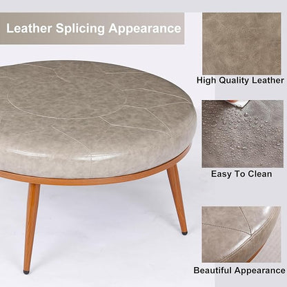 Round Ottoman Coffee Table - PU Leather Fabric, Metal Frame, Thick Cushioned Tabletop for Living Room, Therapy Room, or Style Lovers - Perfect as Coffee Table, Footstool, or Chair-Grey