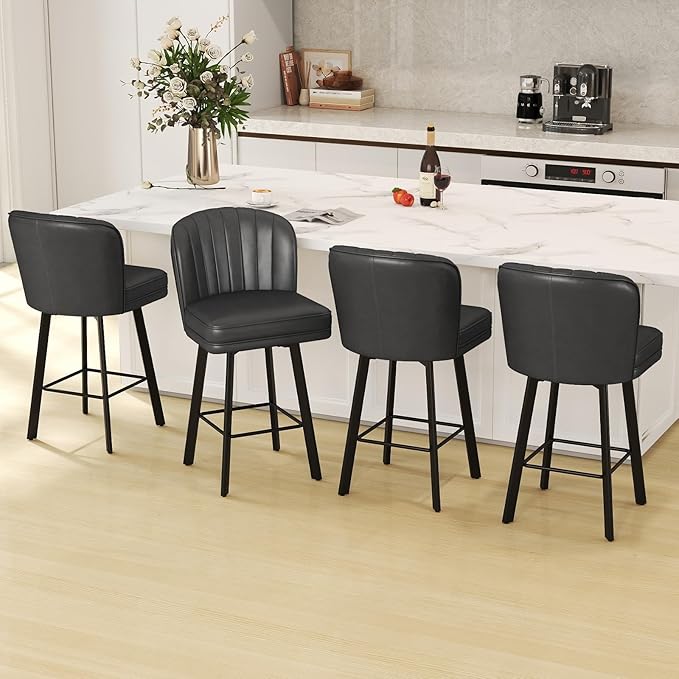 Swivel Counter Height Bar Stools Set of 6, 26'' Modern Barstools with Backs and Metal Legs, Upholstered Bar Chairs, Faux Leather Black Stools for Kitchen Island Chairs