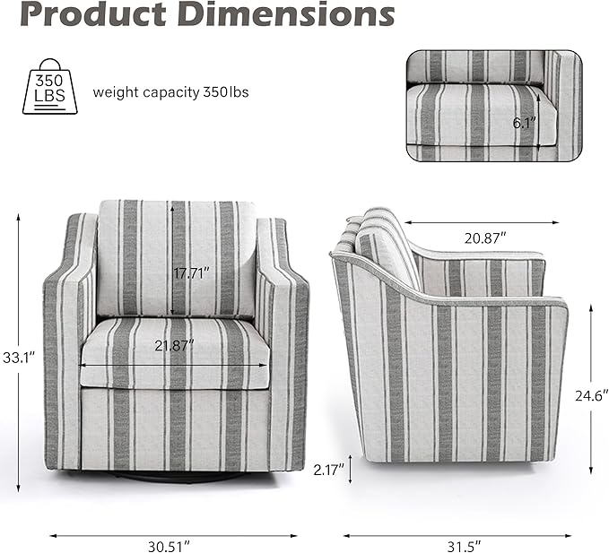 UIXE Swivel Accent Chairs Set of 2, Fabric Upholstered Arm Chair for Living Room, Modern Club Armchair Comfy Single Sofa Bedroom Reading Seat with Lumbar Pillow - Stripe Gray
