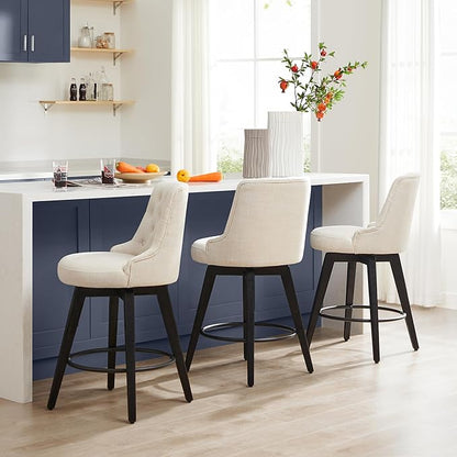 Watson & Whitely Modern Swivel Bar Stools, Performance Fabric Upholstered Counter Height Bar Stools with Back, Solid Wood Legs, 26" H Seat, Set of 2, Linen