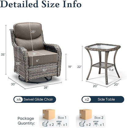 Belord Luxury 6" Thick Cushioned Outdoor Swivel Rocker Patio Chairs Set of 4 with Side Table, High Back Wicker Furniture Set with Ergonomic Zone Back, Conversation Set for Deck Porch - Grey+Grey