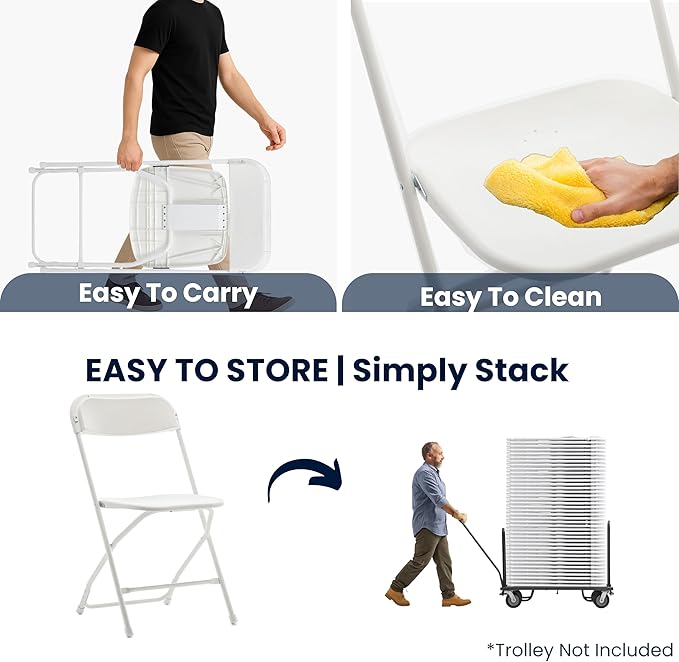 BTEXPERT Set of 6, Indoor Outdoor White Plastic Folding Chairs Stacking Steel Frame Commercial 650LB Weight Capacity Seating Home Yard Garden Wedding Event Party Picnic Dining Church School Portable
