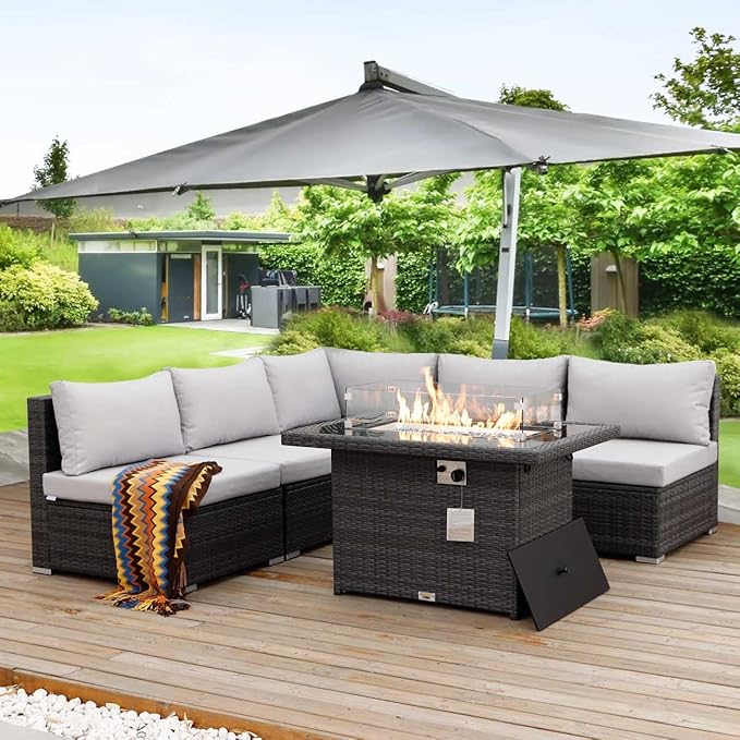 Nicesoul 6 Piece L Shaped Outdoor Patio Set with Firepit Table Natural Gas & Propane Convertible, 29.3'' High-Back Rattan Sectional Sofa, All Weather Deep Seats XL Large Conversation for Outside, Grey