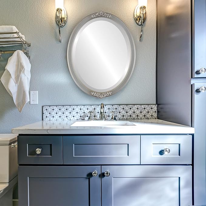 OVALCREST Oval Beveled Wall Mirror for Home Decor - Athena Style - Silver Shade - 21" x 17" Outside Dimensions