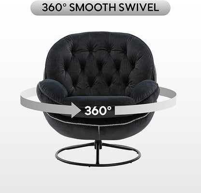 Set of 2 360° Swivel Modern Velvet Accent Chair with Ottoman | Mid-Century Button Tufted Lounge Chair for Living Room & Bedroom, Black