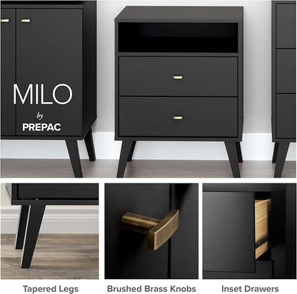 Prepac Milo Mid-Century Modern 2 Drawer Nightstand, Bedside Table, Contemporary Bedroom Furniture, 16"D x 25"W x 25"H, Black