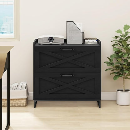 Lateral File Cabinet with Charging Station, 2 Drawer File Cabinet for Letter/Legal/A4 Size Hanging Files, Large Wood File Storage Cabinets Printer Stand for Home Office, Black