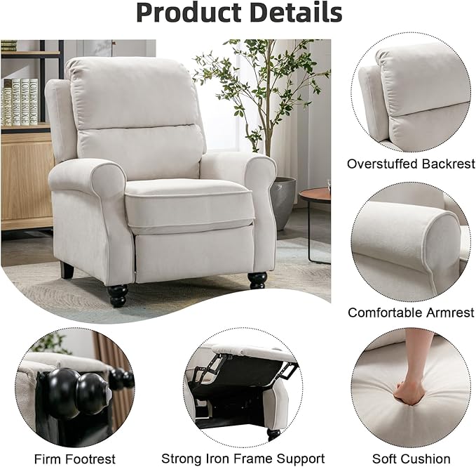 Push Back Recliner Chair, Fabric Armchair Overstuffed Pushback Recliner, Heavy Duty Single Sofa Chair with Padded Seat Solid Wood Legs for Living Room (White)