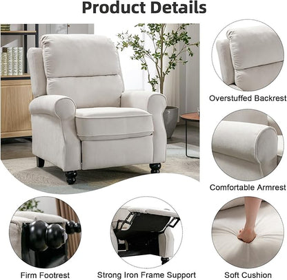 Push Back Recliner Chair, Fabric Armchair Overstuffed Pushback Recliner, Heavy Duty Single Sofa Chair with Padded Seat Solid Wood Legs for Living Room (White)