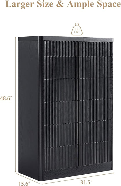 Black Fluted Dresser for Bedroom, Chest of Drawers, 48" Tall 6 Drawer Dresser, Curved Profile Design, Modern Wooden Chest of Drawers with Solid Wood Handle for Living Room, Bedroom