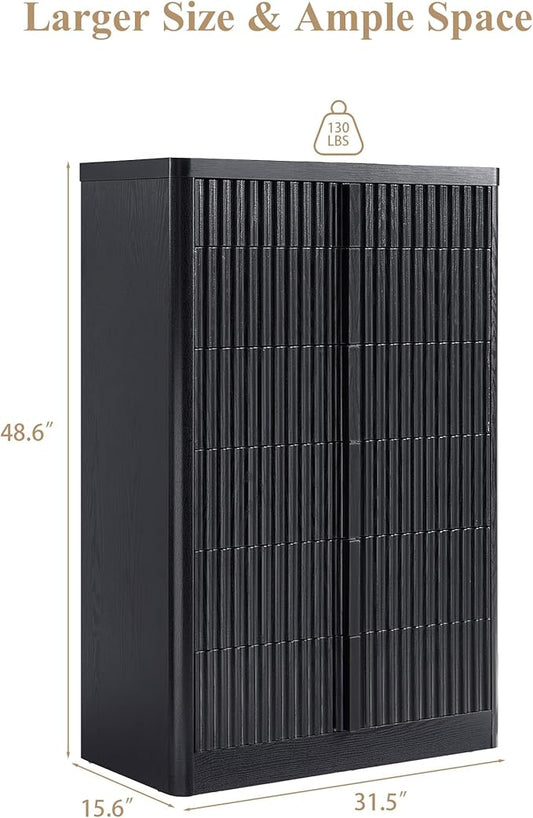 Black Fluted Dresser for Bedroom, Chest of Drawers, 48" Tall 6 Drawer Dresser, Curved Profile Design, Modern Wooden Chest of Drawers with Solid Wood Handle for Living Room, Bedroom