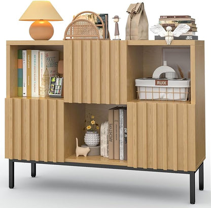 Vabches Fluted Short Bookcase, 6 Cube Storage Organizer with Doors, Modern 2-Tier Open Bookshelf for Home and Office, Wood Floor Standing Display Cabinet Rack, Natural