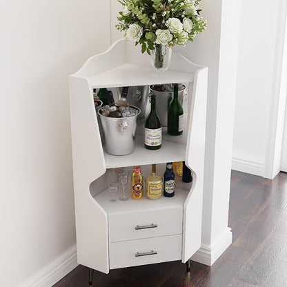 YUNKE Novelty Wooden Cabinet, White Corner Table with 2 Open Shelves and 2 Drawers, Commonly Used in Living Room, Home Office, Study Room and Dinning Room