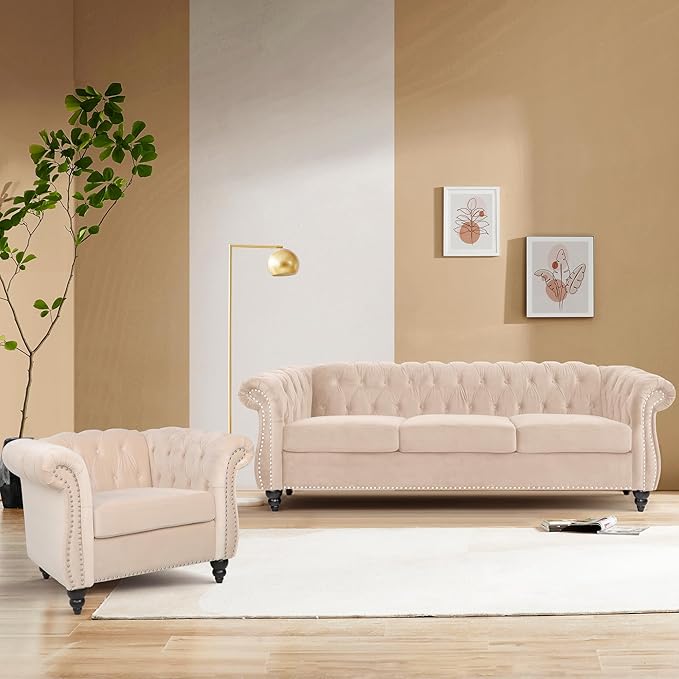 Accent Sofa Chair for Living Room, Mid Century Modern Velvet Upholstered Armchair, Oversized Comfy Single Couch Chair with Cushion, Tufted Chesterfield Sofa Couch for Home, Bedroom, Apartment (Beige)