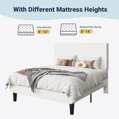 Allewie Full Size Upholstered Bed Frame with Vertical Channel Tufted Headboard, Soft Corduroy Fabric Platform Bed, Strong Wooden Slats Support, Easy Assembly, No Box Spring Needed, White
