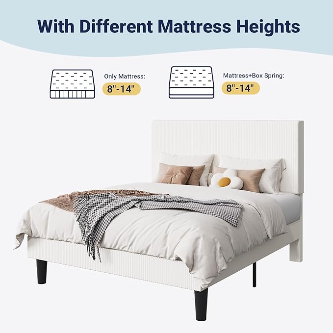 Allewie Queen Size Upholstered Bed Frame with Vertical Channel Tufted Headboard, Soft Corduroy Fabric Platform Bed, Strong Wooden Slats Support, Easy Assembly, No Box Spring Needed, White