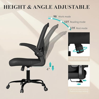 Flysky Mesh Office Chair, Ergonomic Computer Desk Chairs for Home Office - with Comfy/Comfortable Flip-up Arm Rests, Lumbar Support, Height Adjustable, 360 Degree Rolling Swivel (Black)