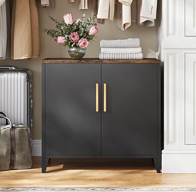 Letaya Storage Cabinet with 2 Doors,Adjustable Shelf, 16" Dx 32" Wx30 H Inches,Metal Small Buffet Sideboard Cabinet for Entryway, Kitchen (Black)