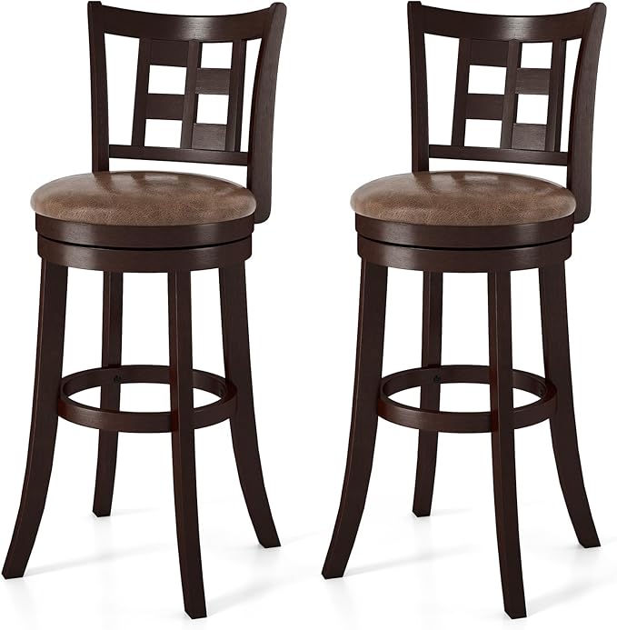 COSTWAY Set of 2 Bar Stools, 30” Swivel Bar Chairs with Footrest, Rubber Wood Frame & Lattice Backrest, Leathaire Bar Height Stools for Kitchen Island (2, 30”)