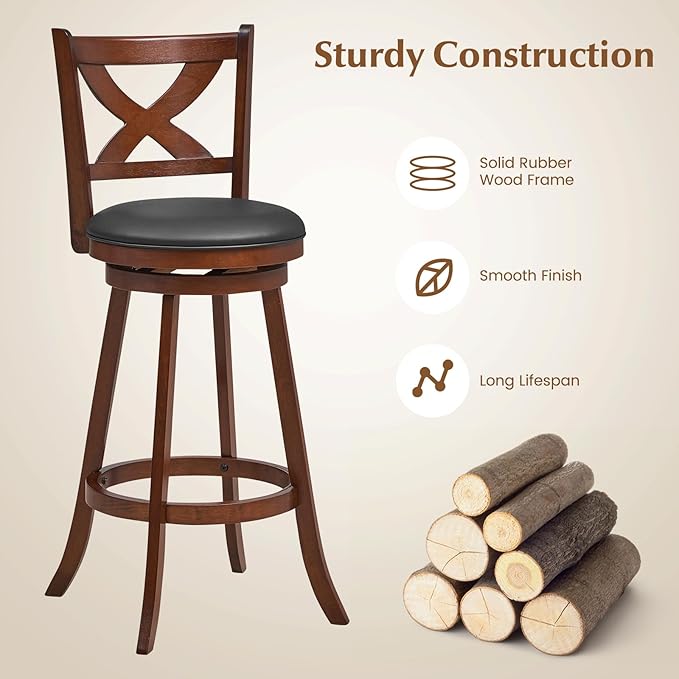 COSTWAY Bar Stools Set of 4, 30 Inch Classic Bar Height Chairs with X-Shaped Open Back, 4 PCS Swivel Barstool Set for Kitchen Island, Pub, Bistro, Café, Espresso (4, 30 Inch)