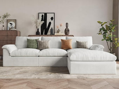 EASE MOOSE Oversized Boneless Cloud Couch for Living Room, Modular Sectional Sofa L-Shape, Cloud Sofa Set with Fluffy Foam, 4-Seat Deep Comfy Sofa with Ottoman for Bedroom Apartment, Chenille (White)