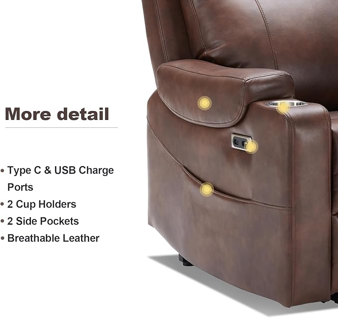 Triple Motor Power Lift Recliner Chair with Adjustable Lumbar Support, Lay Flat Recliner for Elderly, Breathable Brown Leather Recliner, Lift Chair Massage & Heating, USB Ports, Cup Holders