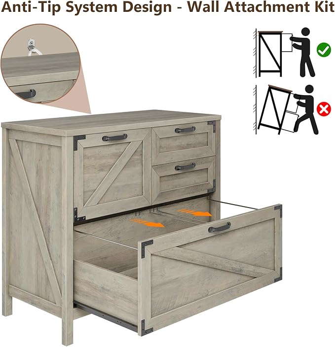 Lateral File Cabinet with 4 Drawers, Farmhouse File Cabinet for Letter/Legal/A4 Size Hanging Files, Large Wood File Storage Cabinets Printer Stand for Home Office Cabinets, Rustic Grey